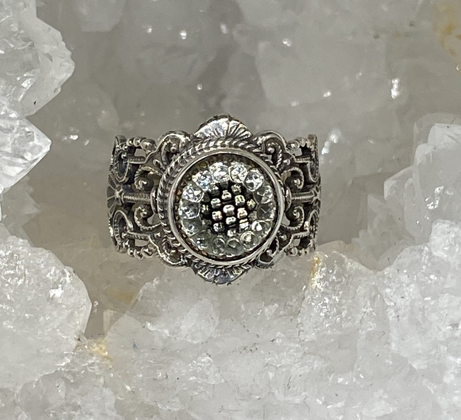 Victorian Czech Glass Button Set in Sterling  Filigree Silver Ring Size 7.5