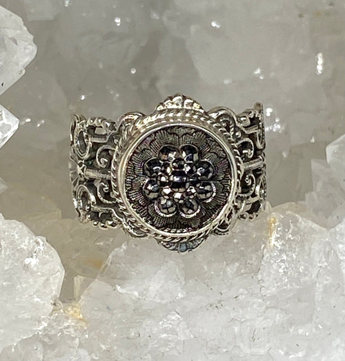Victorian Czech Glass Button Set in Sterling  Filigree Silver Ring Size 7.5