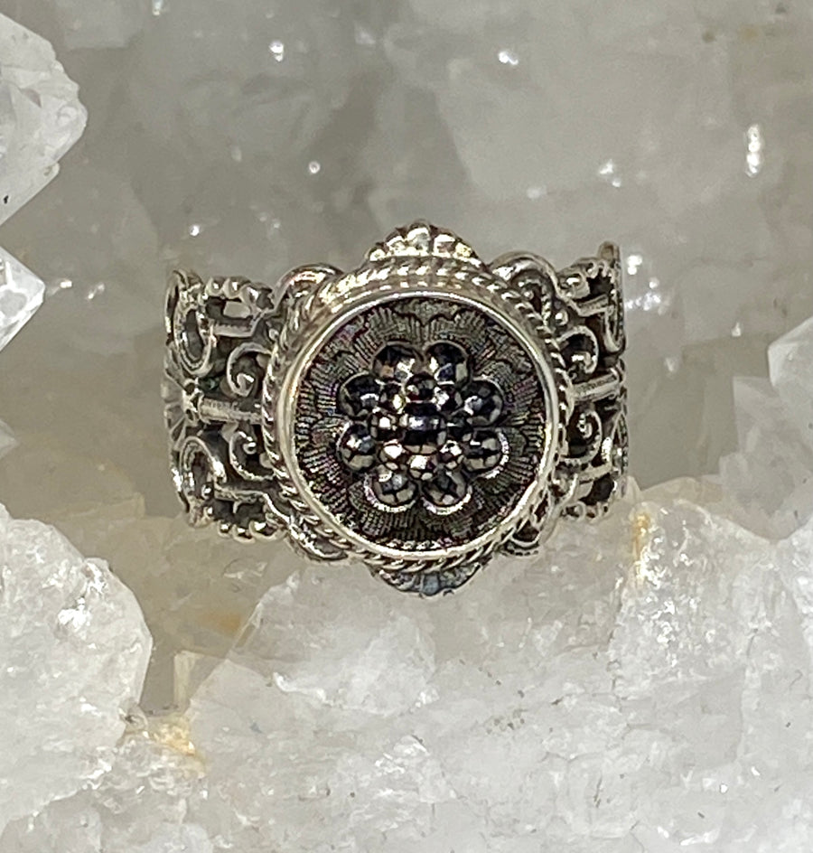 Victorian Czech Glass Button Set in Sterling  Filigree Silver Ring Size 7.5