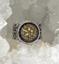 Victorian Czech Glass Button Set in Sterling  Filigree Silver Ring Size 7
