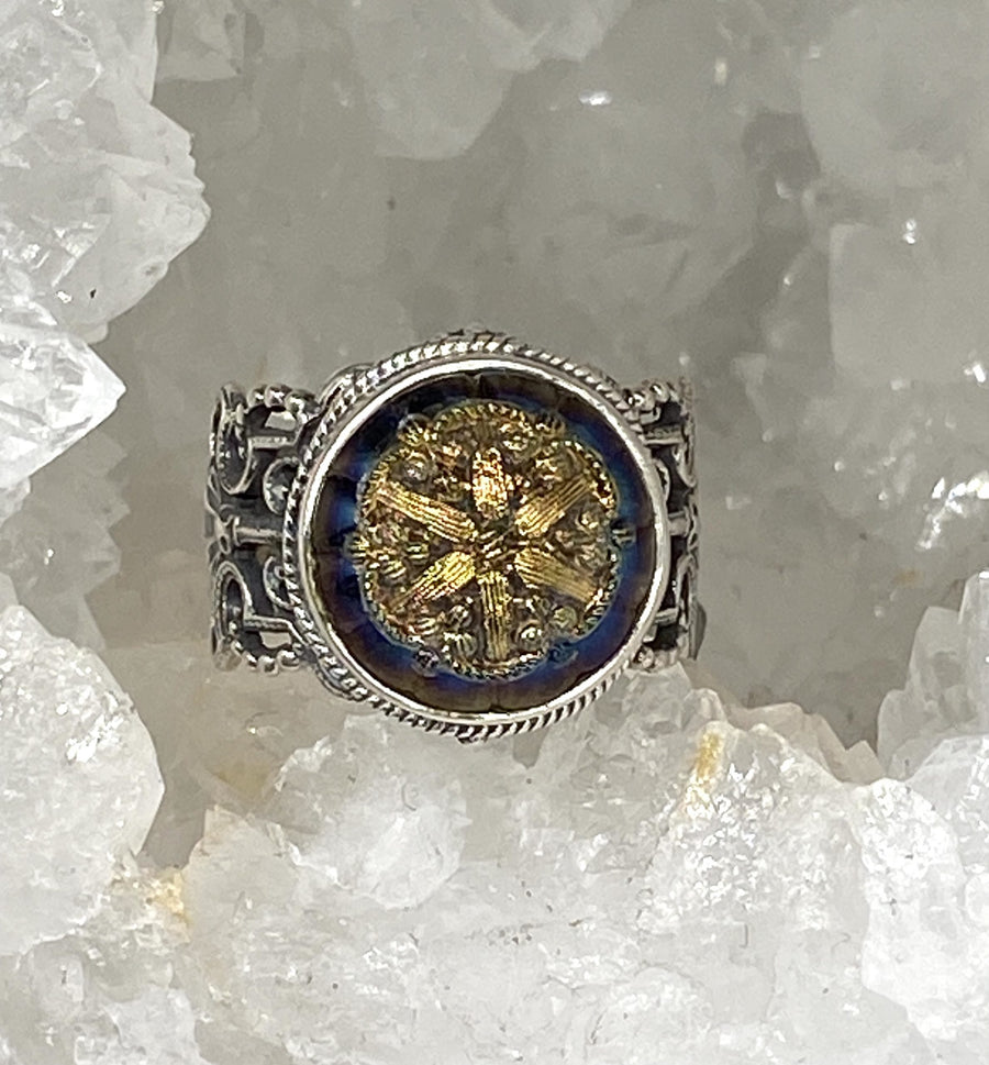 Victorian Czech Glass Button Set in Sterling  Filigree Silver Ring Size 7