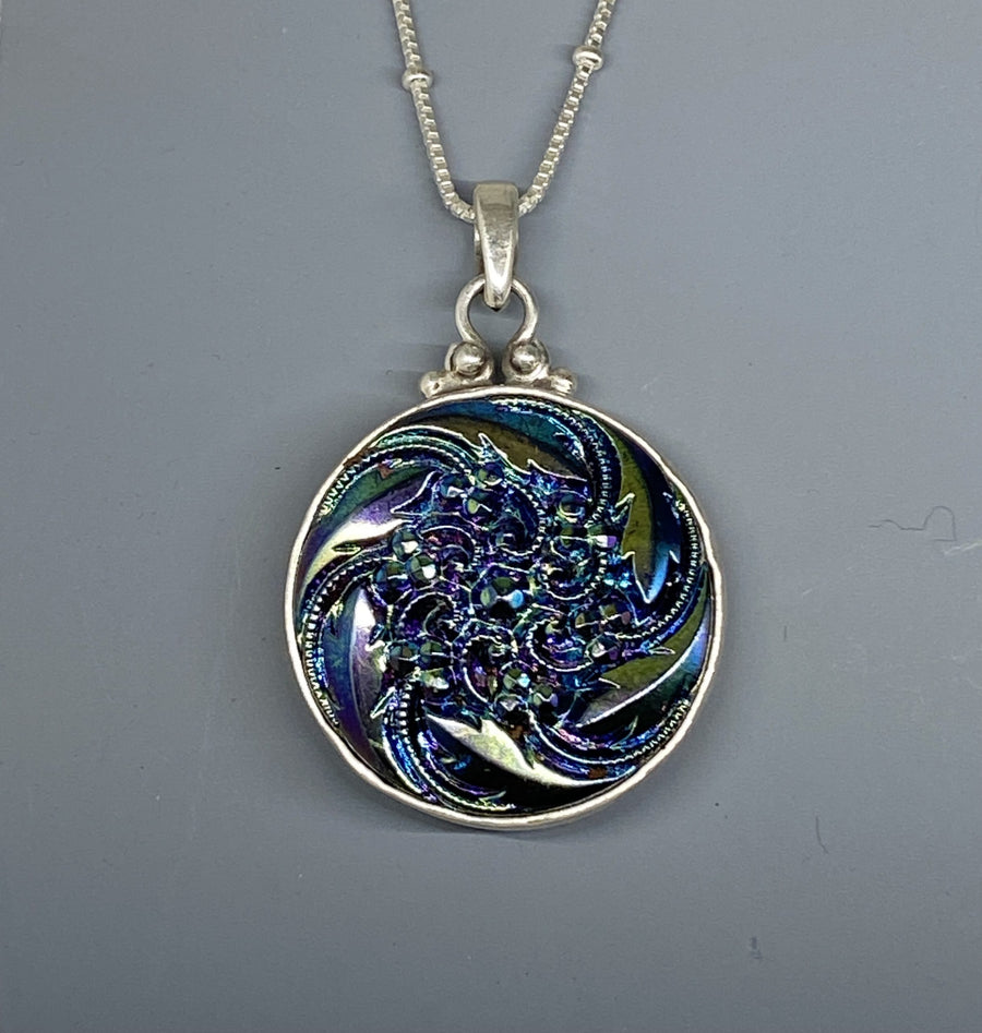 Vintage Czech Republic Luster Glass set in Sterling silver w/ Sterling Silver Necklace