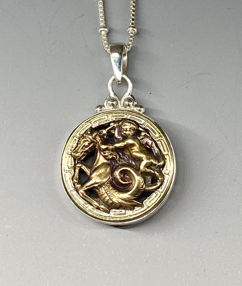 Victorian Picture Metal Button with Cherub & Seahorse set in Sterling Silver accent with Sterling silver Chain