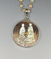 Victorian Carved Pearl Shell Button with Two Figurines & Tourmaline Center set in Sterling silver w/ Sterling Silver Necklace