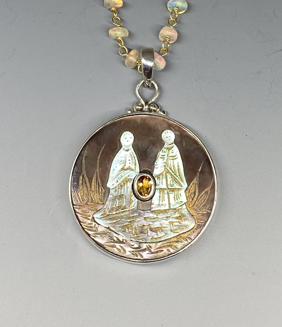 Victorian Carved Pearl Shell Button with Two Figurines & Tourmaline Center set in Sterling silver w/ Sterling Silver Necklace