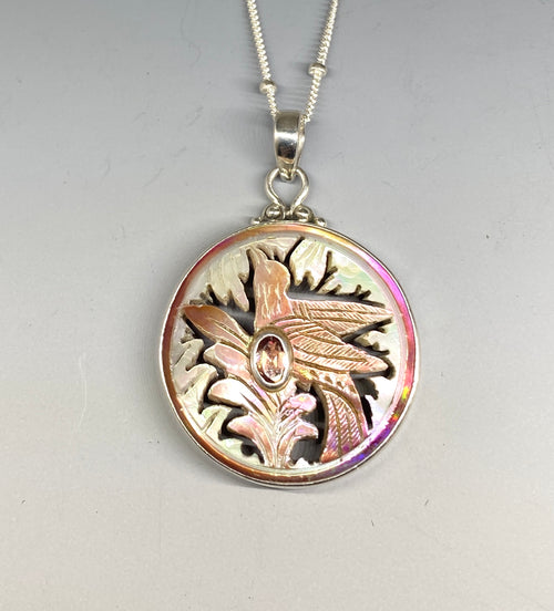 Victorian Carved Shell Bird Button with Tourmaline Stone set in Sterling Silver accent with Sterling silver Chain