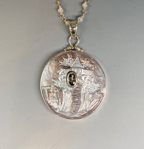 Victorian Carved Pearl Button set in Sterling Silver