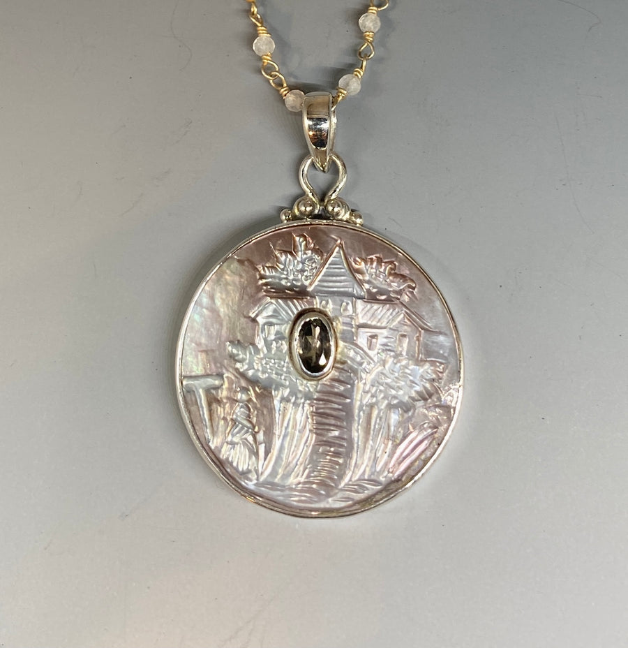 Victorian Carved Pearl Button set in Sterling Silver
