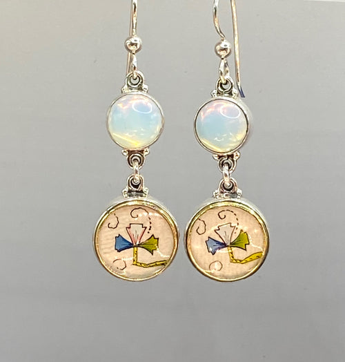 Victorian Double Czech Glass & Glass in Metal  Button earring set in Sterling Silver