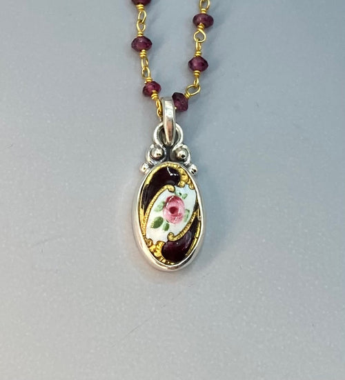 Victorian  Small Hand Painted Enamel Button Set in Sterling Silver With Facet Garnet Facet Rosary