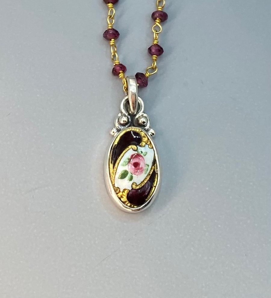 Victorian  Small Hand Painted Enamel Button Set in Sterling Silver With Facet Garnet Facet Rosary