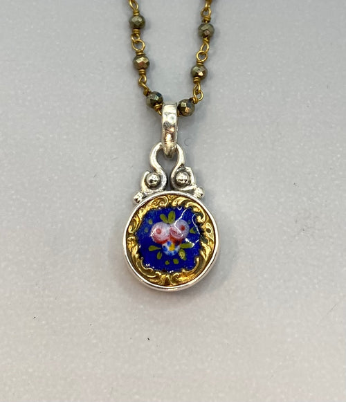 Victorian  Small Hand Painted Enamel Button Set in Sterling Silver WithSpinell Facet Rosary
