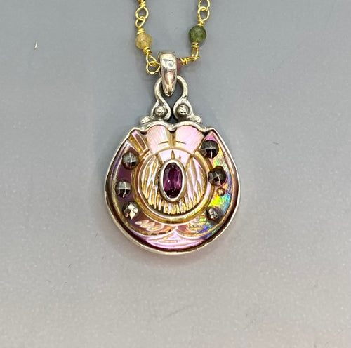 Victorian Carved Shell Pearl Button w/ Tourmaline Center Set in Sterling Silver w/ Tourmaline Rosary