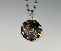 Victorian Gold Painted Glass Button set in Sterling Silver with Spinnel Rosary necklace