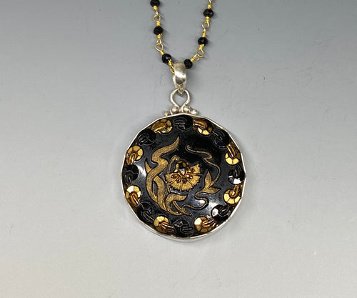 Victorian Gold Painted Glass Button set in Sterling Silver with Spinnel Rosary necklace