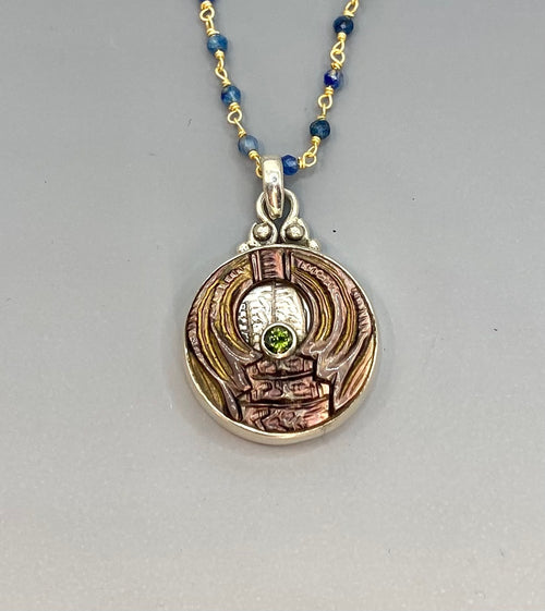 Victorian Carved Shell Pearl  Button w/ Peridot Center Set in Sterling Silver w/ Quartz Rosary
