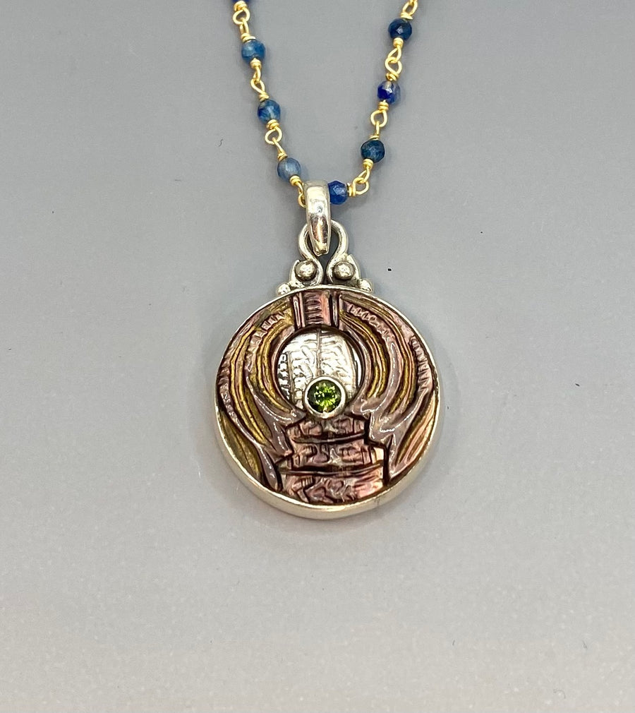Victorian Carved Shell Pearl  Button w/ Peridot Center Set in Sterling Silver w/ Quartz Rosary