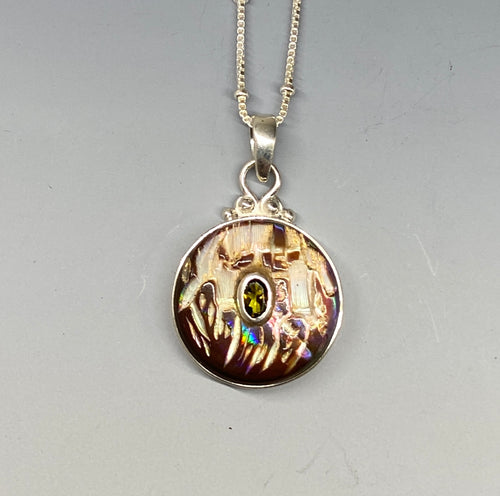 Victorian Carved Shell Button with Tourmaline Stone set in Sterling Silver accent with Sterling silver Chain