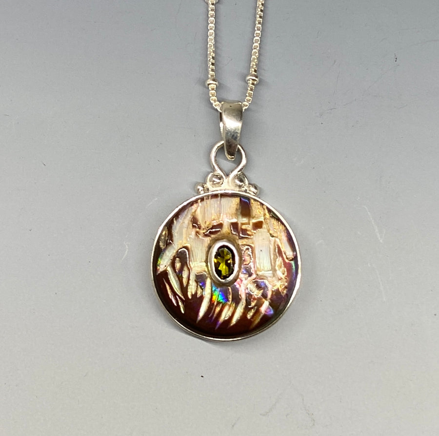 Victorian Carved Shell Button with Tourmaline Stone set in Sterling Silver accent with Sterling silver Chain