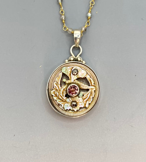 Victorian Carved Shell Pearl  Button w/ Amethyst Center Set in Sterling Silver w/ Labradiorite Rosary