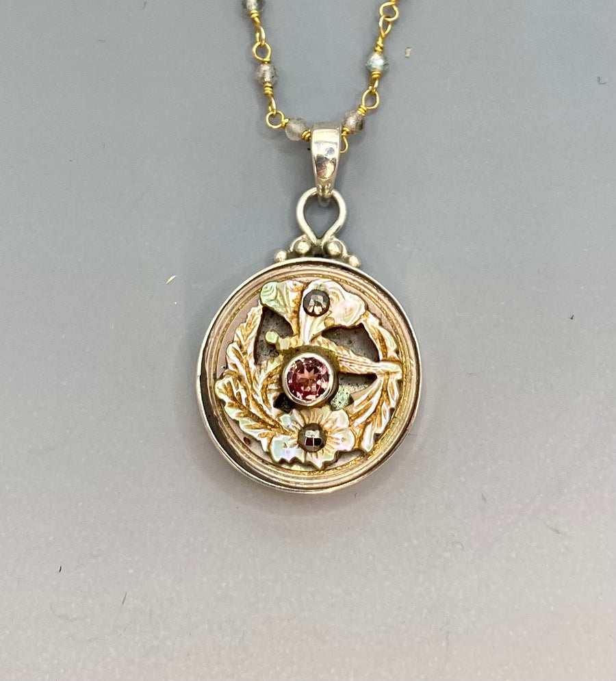 Victorian Carved Shell Pearl  Button w/ Amethyst Center Set in Sterling Silver w/ Labradiorite Rosary
