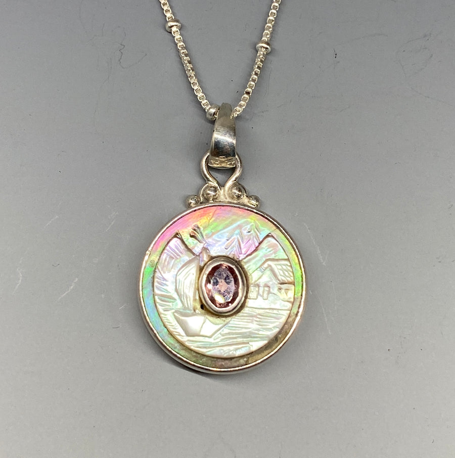 Victorian Carved Shell Button with Tourmaline Stone set in Sterling Silver accent with Sterling silver Chain