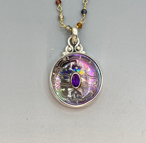 Victorian Carved Shell Pearl Button w/ Amethyst Center Set in Sterling Silver w/ Garnet Rosary