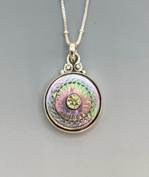 Victorian Carved Shell Pearl  Button w/ Iolite Center Set in Sterling Silver w/ Sterling silver Satellite Chain