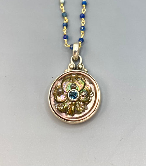 Victorian Carved Shell Pearl Button w/ Topaz Center Set in Sterling Silver w/ Kyanite Rosary