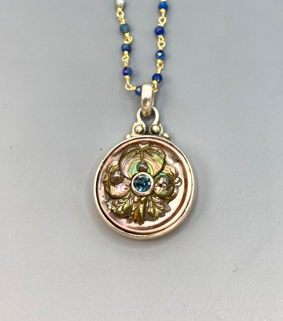 Victorian Carved Shell Pearl Button w/ Topaz Center Set in Sterling Silver w/ Kyanite Rosary