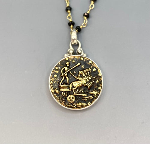 Victorian Picture Image Charriot Image Button set in Sterling Silver w/ Facet Black Spinnel Rosary