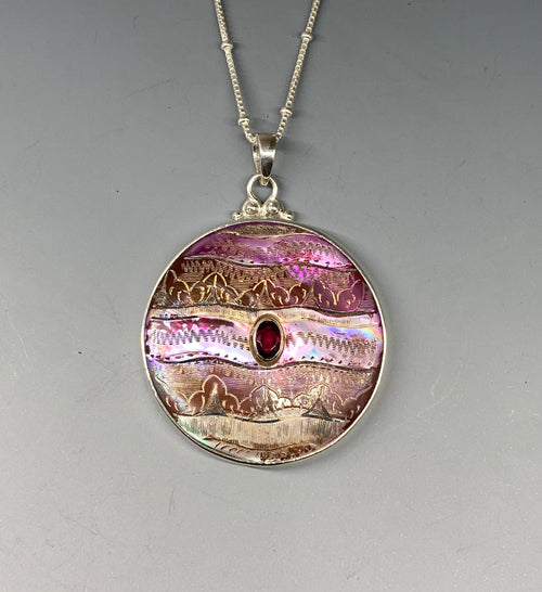 Victorian Carved Shell Button with Garnet Stone set in Sterling Silver accent with Sterling silver Chain