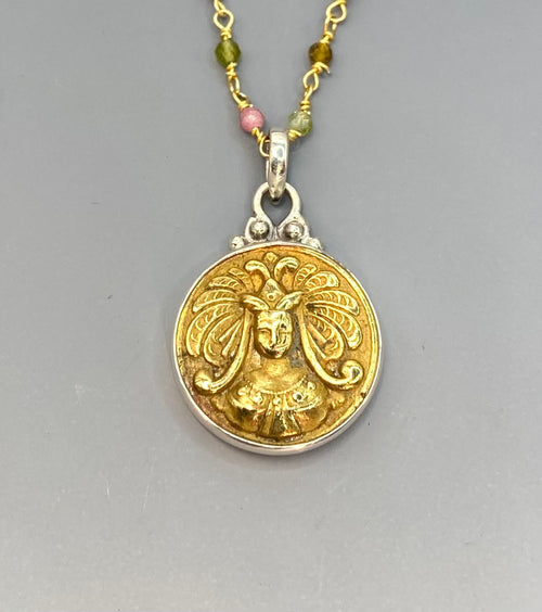 Victorian Picture Image of Woman Button set in Sterling Silver w/ Facet Saphire Rosary