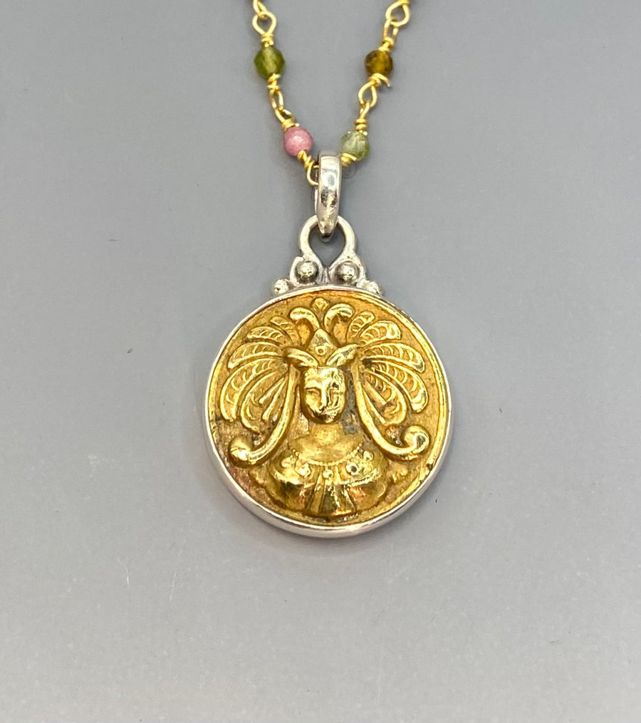 Victorian Picture Image of Woman Button set in Sterling Silver w/ Facet Saphire Rosary