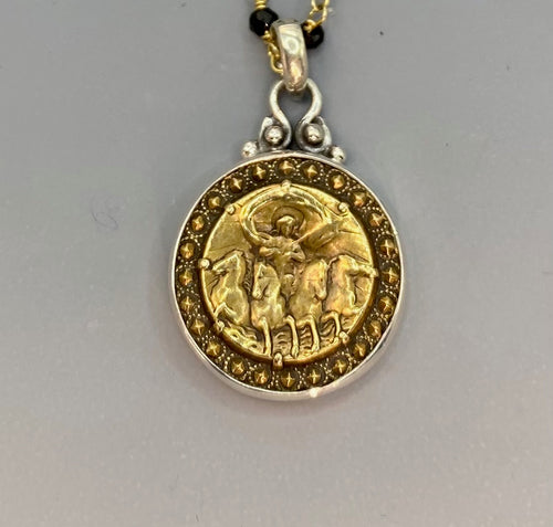 Victorian Picture Image Chariot Image Button set in Sterling Silver w/ Facet Black Spinnel Rosary