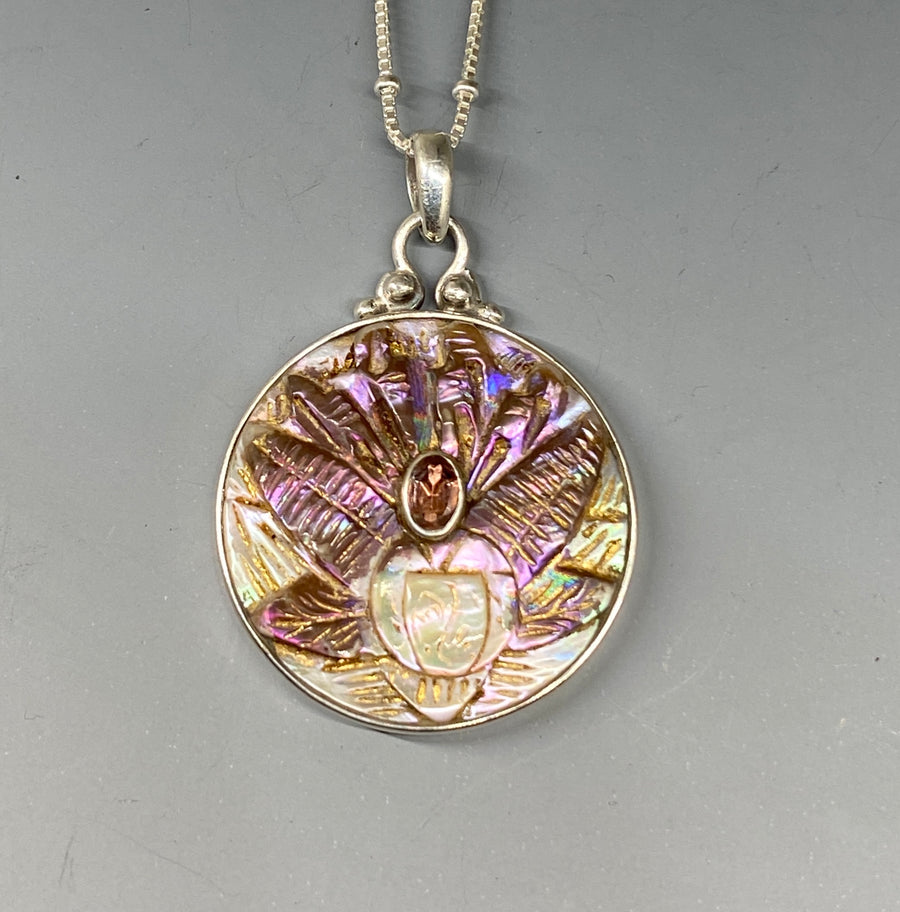 Victorian Carved Shell Button w/ Tourmaline Stone Center set in Sterling Silver with Stlering Silver Chain