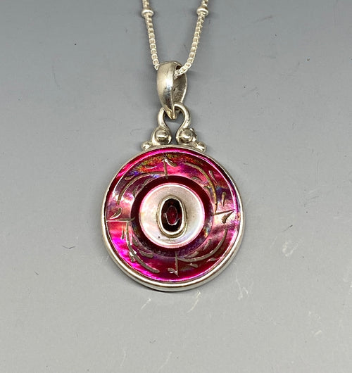 Victorian Tinted Carved Pearl Button w/ Garnet Center set in Sterling Silver