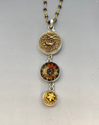Victorian Three Button Drop Birds Metal &  Lacy Glass Buttons set in Sterling Silver w/ Stone Rosary Accent