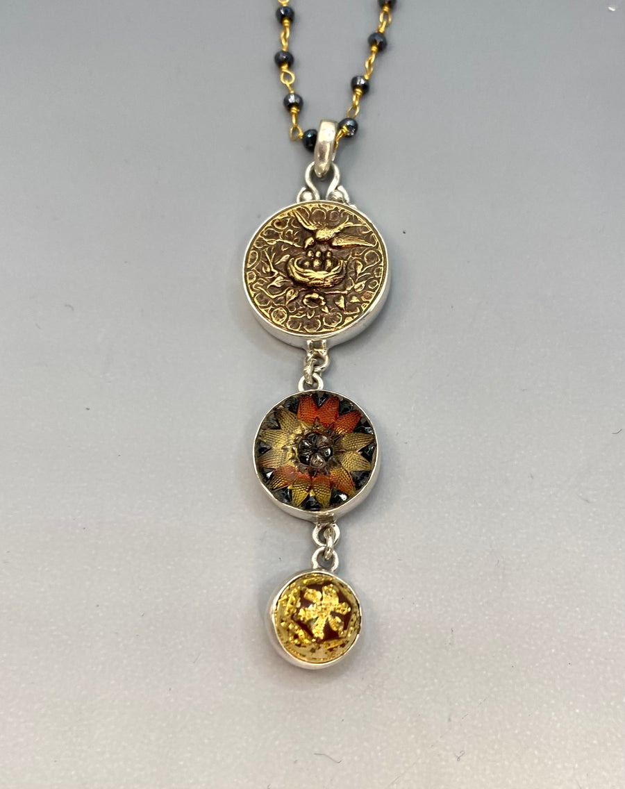 Victorian Three Button Drop Birds Metal &  Lacy Glass Buttons set in Sterling Silver w/ Stone Rosary Accent