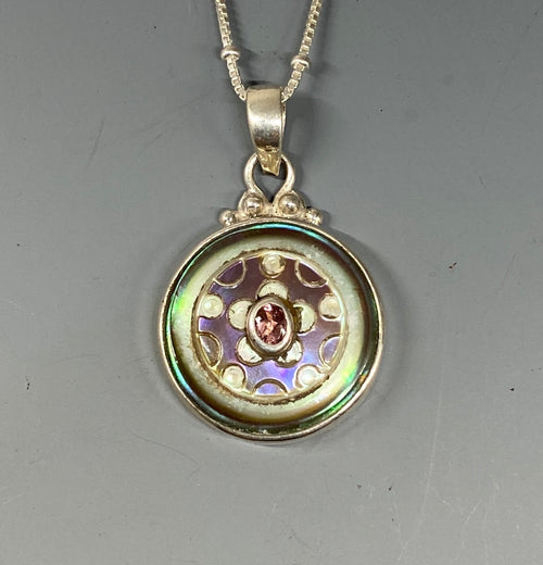 Victorian Carved Pearl Button w/ Tourmaline Center set in Sterling Silver