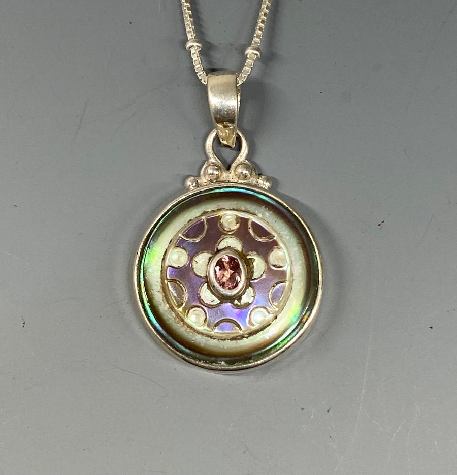 Victorian Carved Pearl Button w/ Tourmaline Center set in Sterling Silver