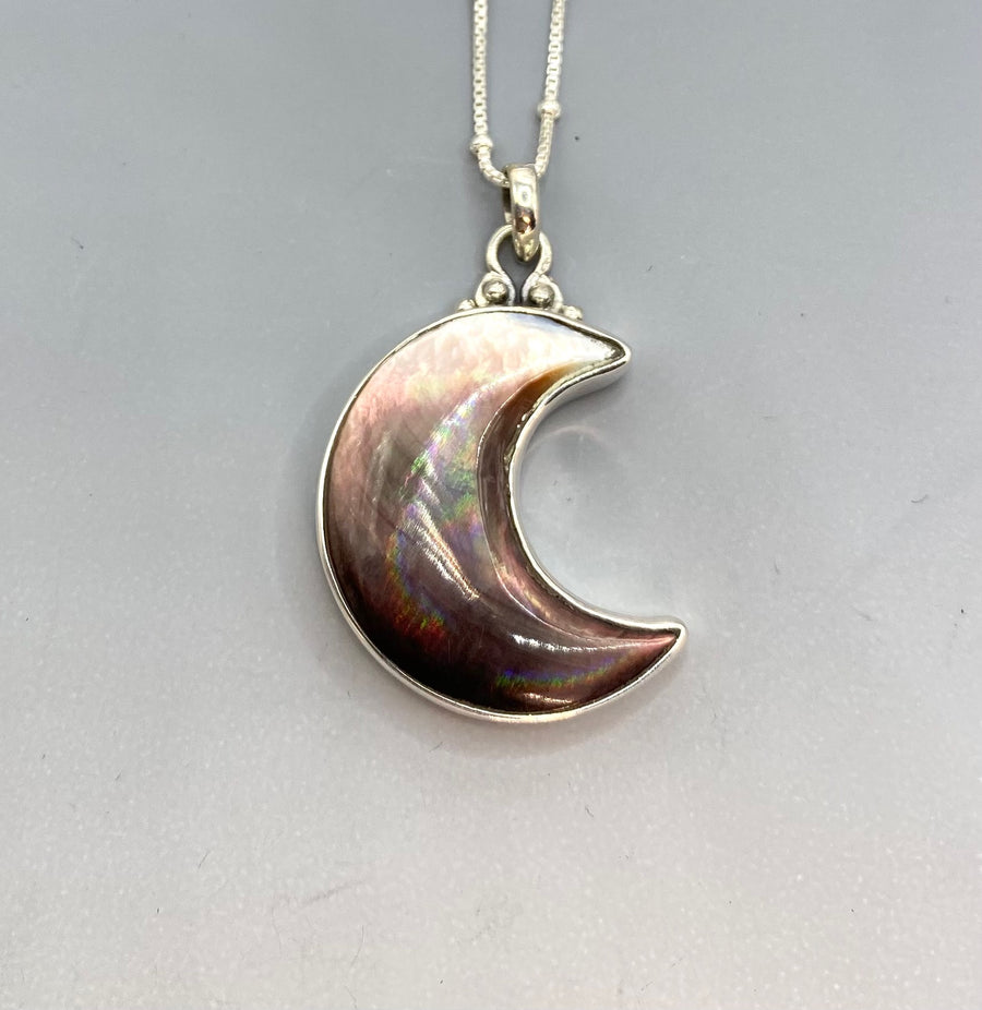 Victorian Shell Pearl Moon  Button  Set in Sterling Silver w/ Sterling silver Satellite Chain
