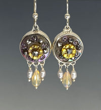 Victorian Carved Pearl Button Earrings Set in Sterling silver w/ Ethiopian Opal and pearl Stone Accent
