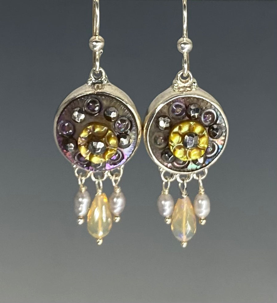 Victorian Carved Pearl Button Earrings Set in Sterling silver w/ Ethiopian Opal and pearl Stone Accent