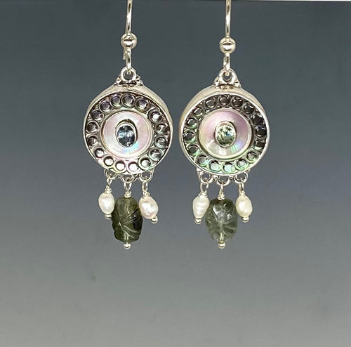Victorian Carved Pearl Button Earrings Set in Sterling silver w/ Tourmaline Center & Ethiopian Opal and Pearl Stone Accent