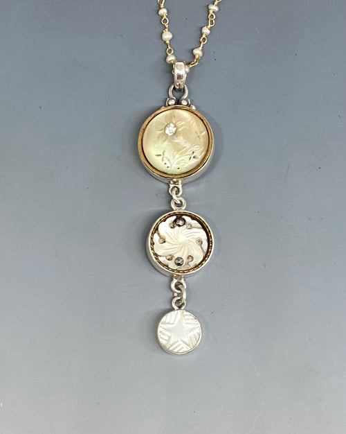 Victorian Three Button Drop Carved Tinted Shell and Pearl w/ Steel set in Sterling Silver w/ Stone Rosary Accent