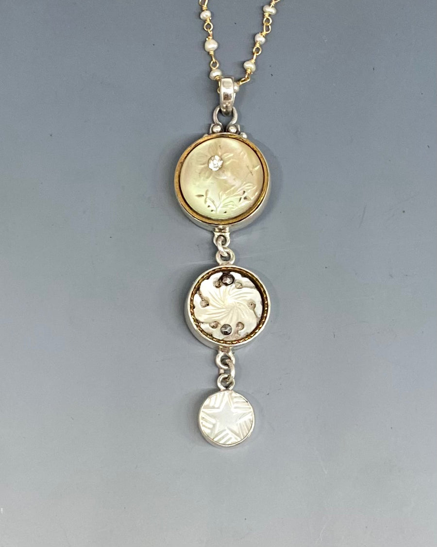 Victorian Three Button Drop Carved Tinted Shell and Pearl w/ Steel set in Sterling Silver w/ Stone Rosary Accent