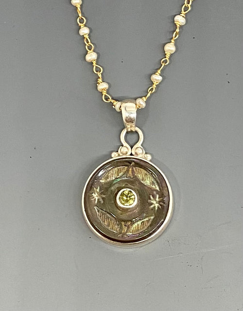 Victorian Carved Shell Button w/ Tourmaline Stone Center set in Sterling Silver w/ Stone Rosary Accent