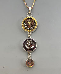 Victorian Three Button Drop Carved Tinted Shell and Pearl w/ Steel set in Sterling Silver w/ Stone Rosary Accent