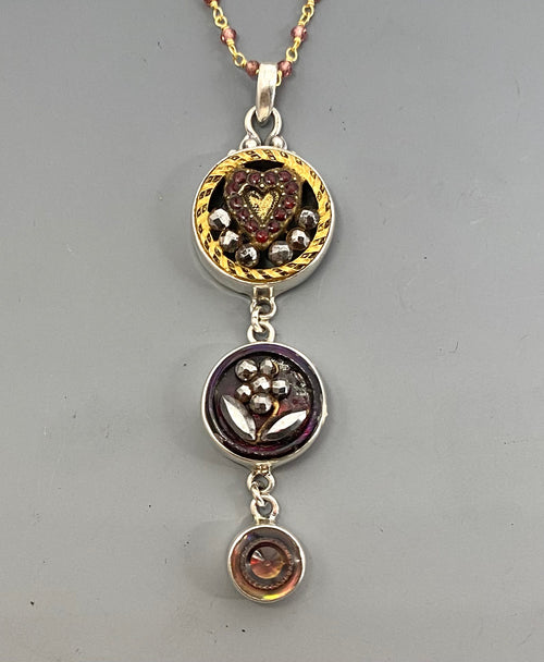 Victorian Three Button Drop Carved Tinted Shell and Pearl w/ Steel set in Sterling Silver w/ Stone Rosary Accent